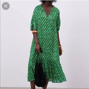 Zara Green Print Midi Dress Size Small
